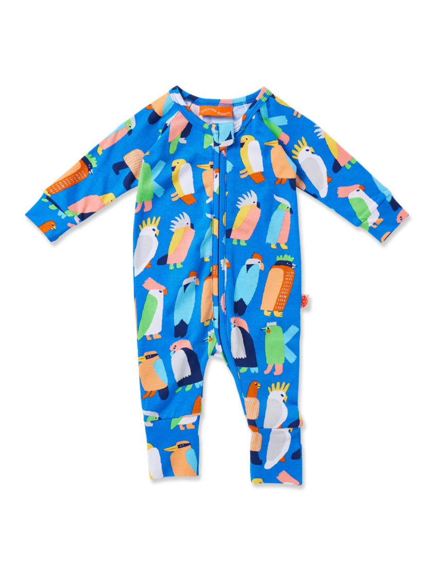 Baby blue long sleeve zip suit featuring Flamin' Galahs design from Halcyon Nights, soft and comfortable for little ones.