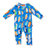 Baby blue long sleeve zip suit featuring Flamin' Galahs design from Halcyon Nights, soft and comfortable for little ones.