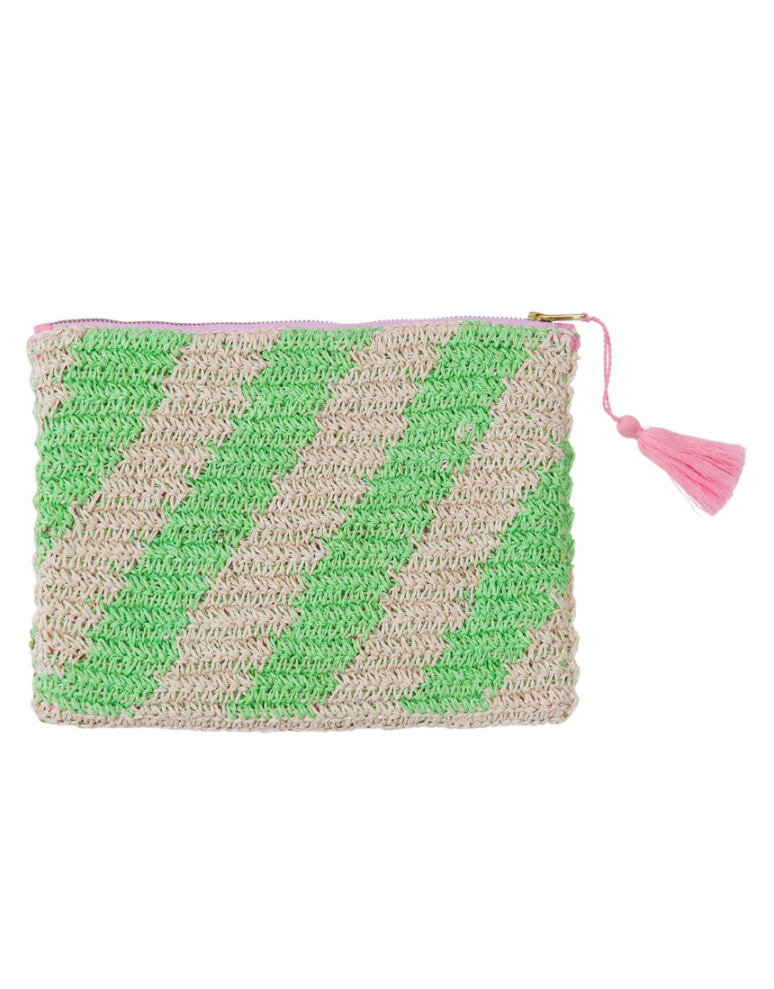 Sage x Clare San Carlos Rafia Clutch with woven design and zip closure, stylish accessory for everyday or evening use.