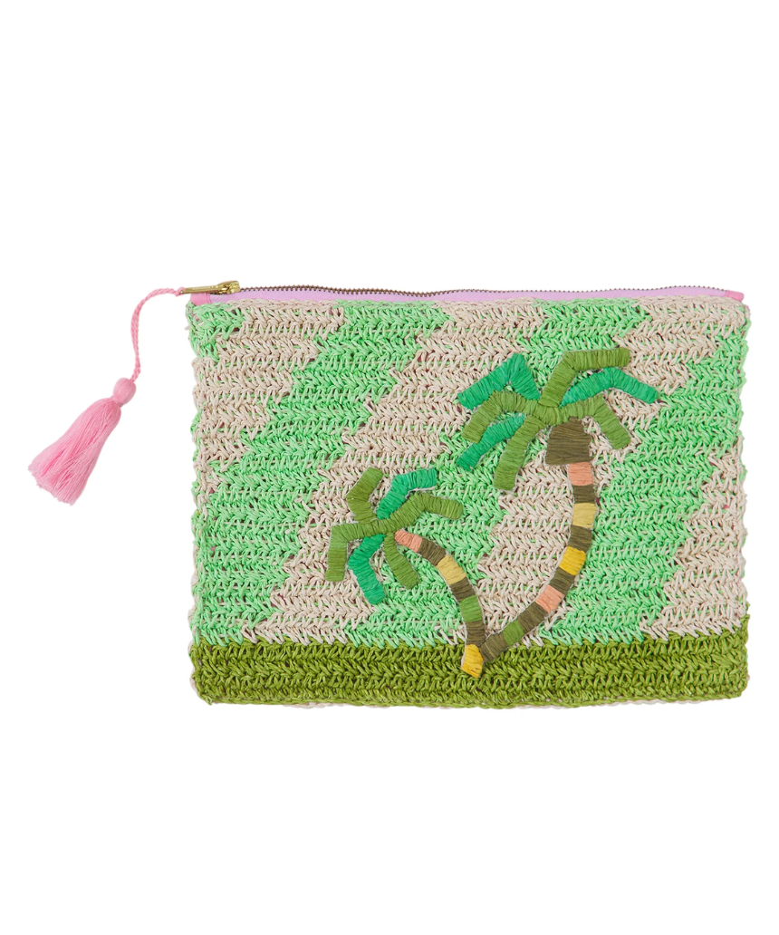 Sage x Clare San Carlos Rafia Clutch with woven design and zipper closure, stylish accessory for day or evening use.