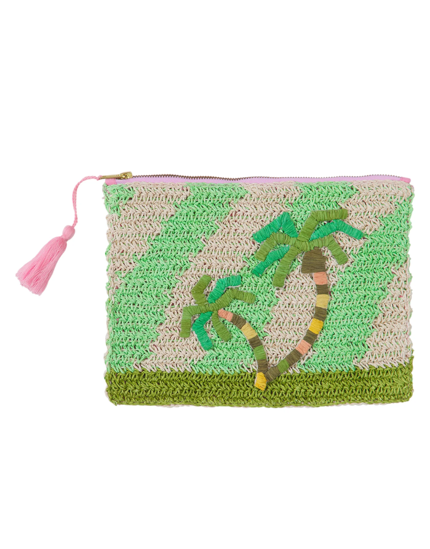 Sage x Clare San Carlos Rafia Clutch with woven design and zipper closure, stylish accessory for day or evening use.