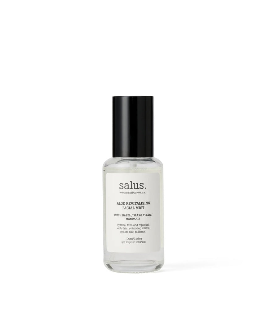 Salus Aloe Revitalising Facial Mist in 100ml spray bottle, featuring aloe vera for refreshing and hydrating skin.