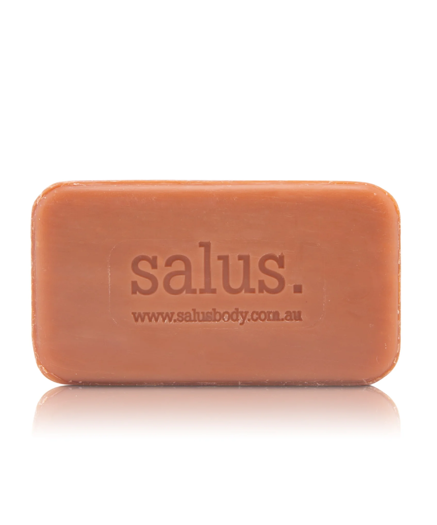 Salus Chamomile and Rose Geranium Clay Soap for bath and body, showing the soap bar with chamomile and rose geranium ingredients.