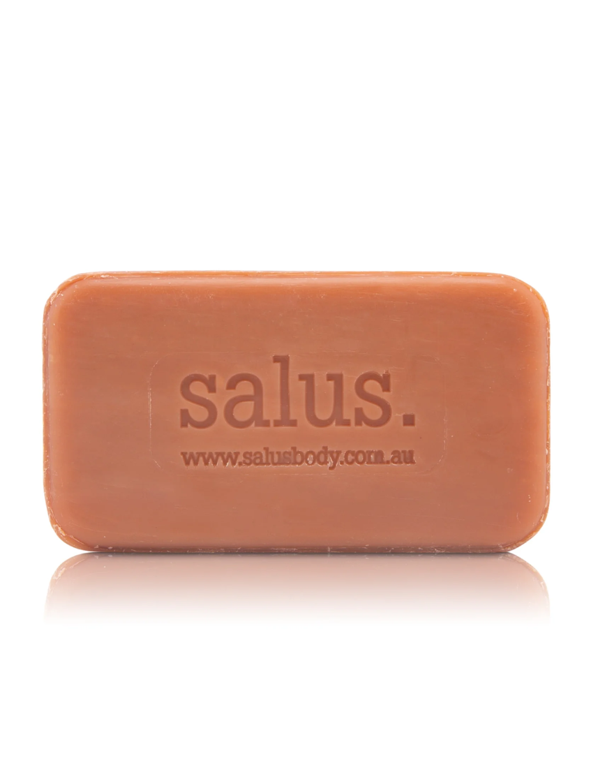Salus Chamomile and Rose Geranium Clay Soap for bath and body, showing the soap bar with chamomile and rose geranium ingredients.