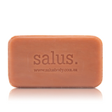 Salus Chamomile and Rose Geranium Clay Soap for bath and body, showing the soap bar with chamomile and rose geranium ingredients.