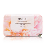Salus Chamomile and Rose Geranium Clay Soap for bath and body, showing the soap bar with floral ingredients and packaging.