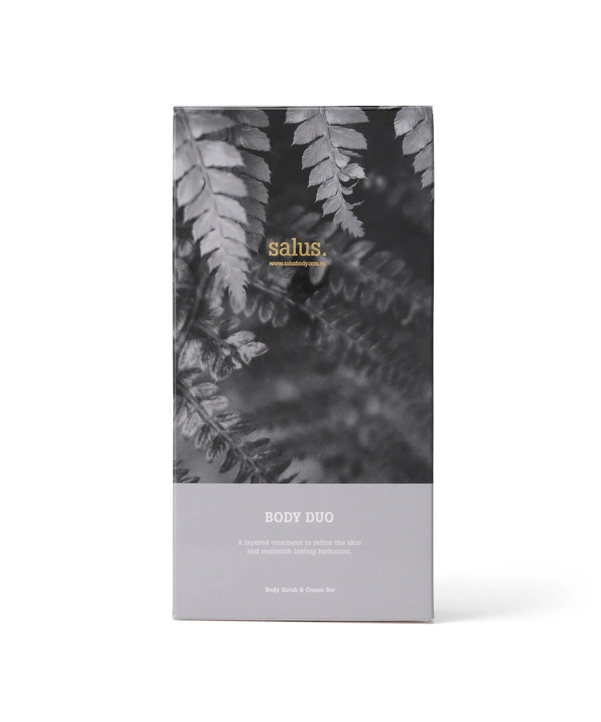 Salus Body Duo gift set featuring two skincare products in sleek packaging, ideal for nourishing and hydrating skin.