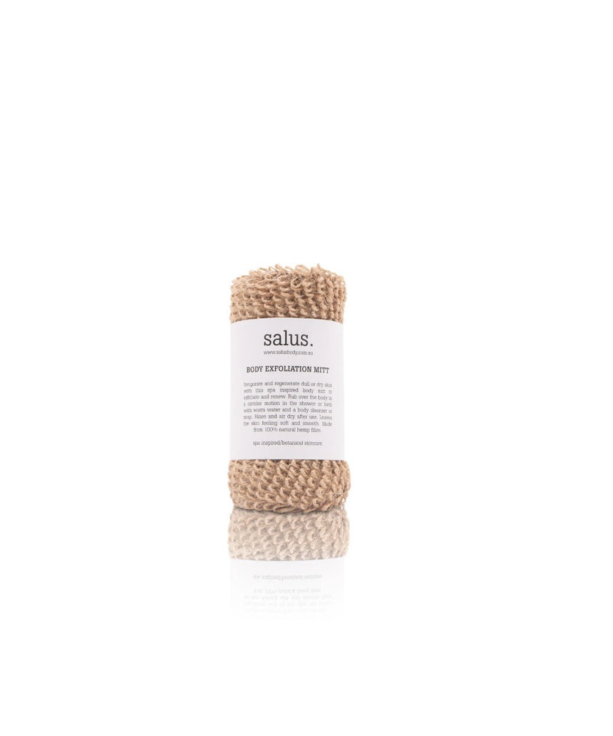 Salus Body exfoliation mitt for body scrubbing, bath accessory with textured surface for smooth, refreshed skin.