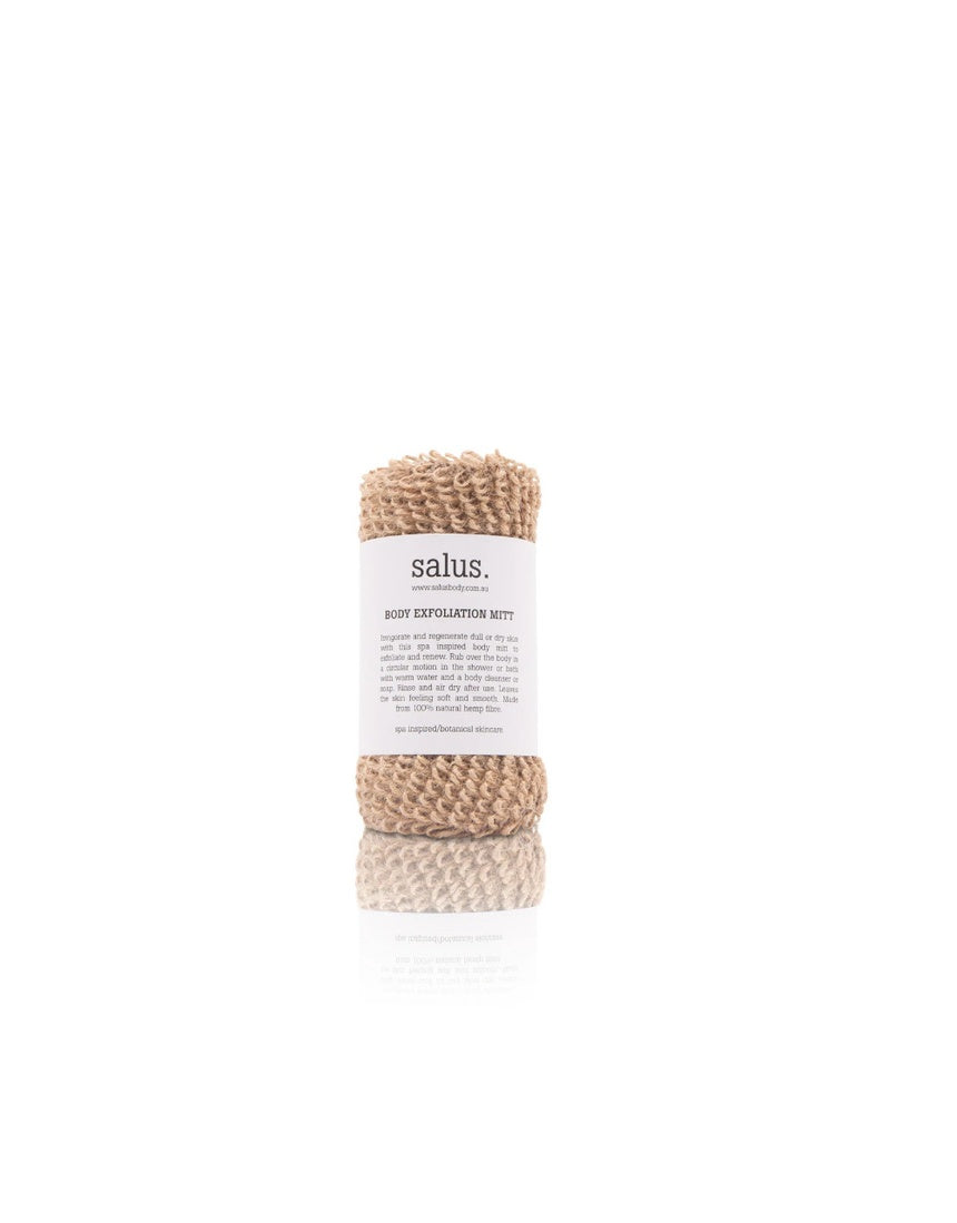 Salus Body exfoliation mitt for body scrubbing, bath accessory with textured surface for smooth, refreshed skin.