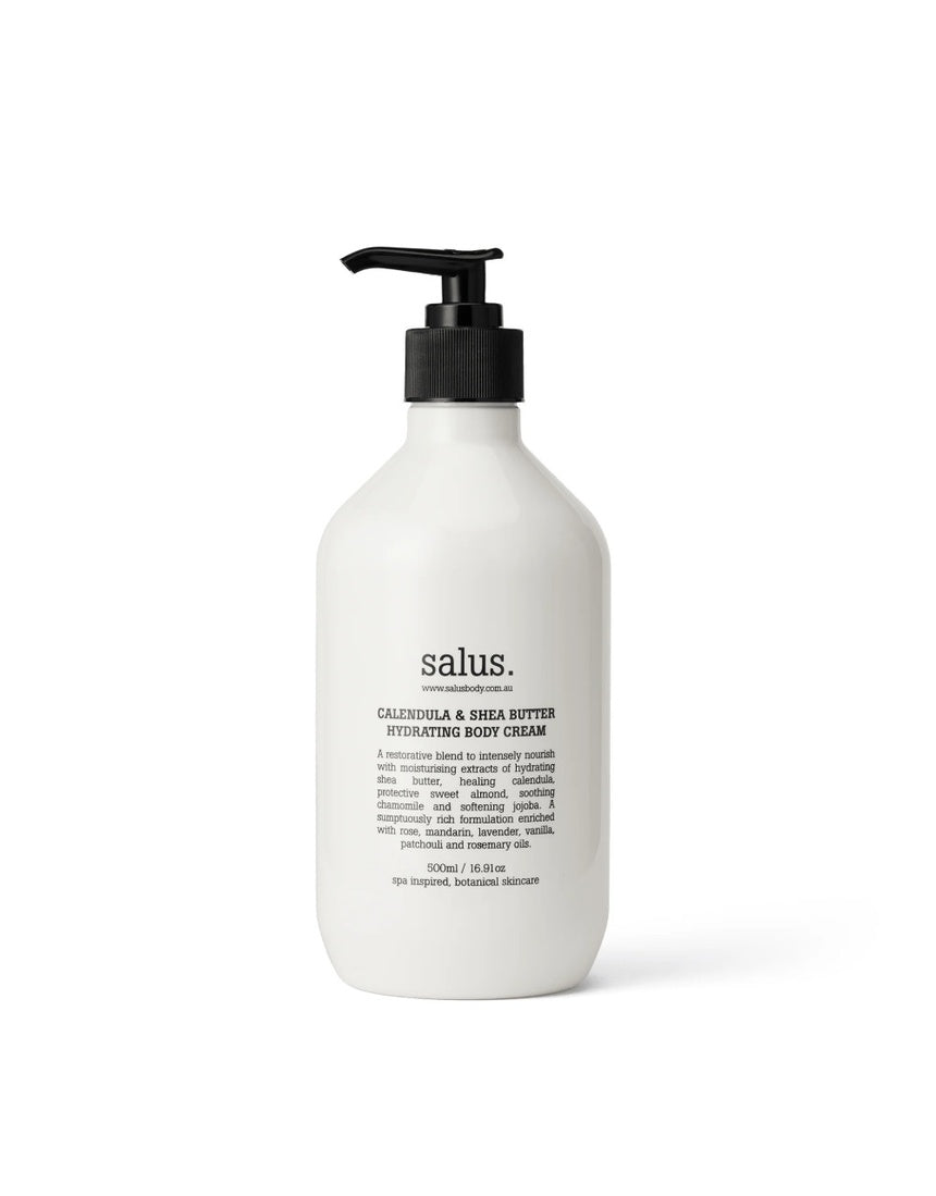 Salus Calendula and Shea Butter Hydrating Body Cream 500ml jar with creamy texture and natural ingredients for nourishing skin