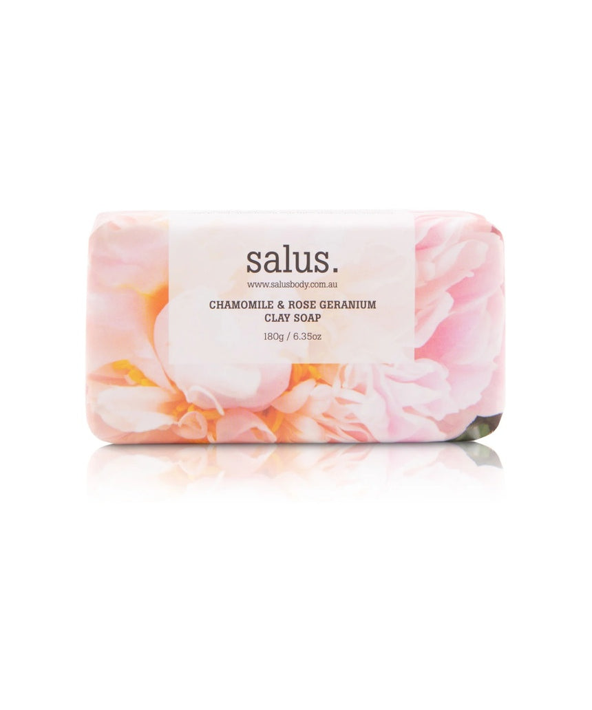Salus Chamomile & Rose Geranium Clay Soap bar showcasing its herbal ingredients and natural clay texture.