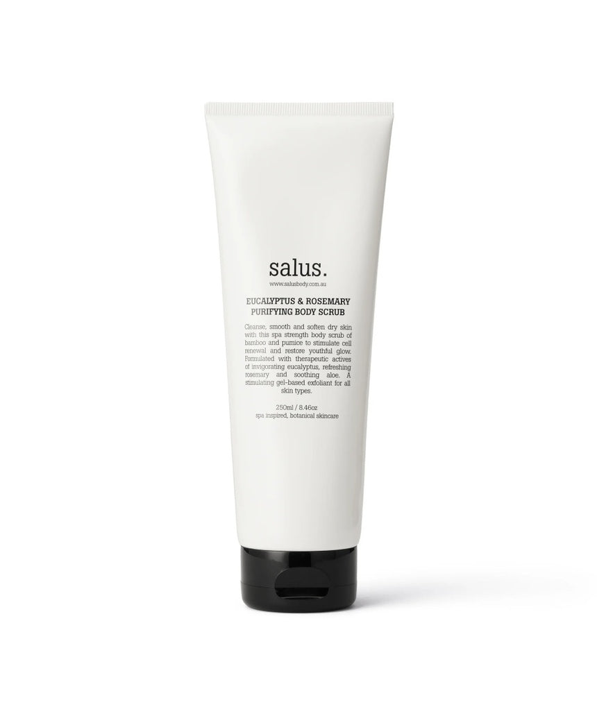 Salus Eucalyptus & Rosemary Purifying Body Scrub in a 250ml jar with botanical ingredients and textured surface.
