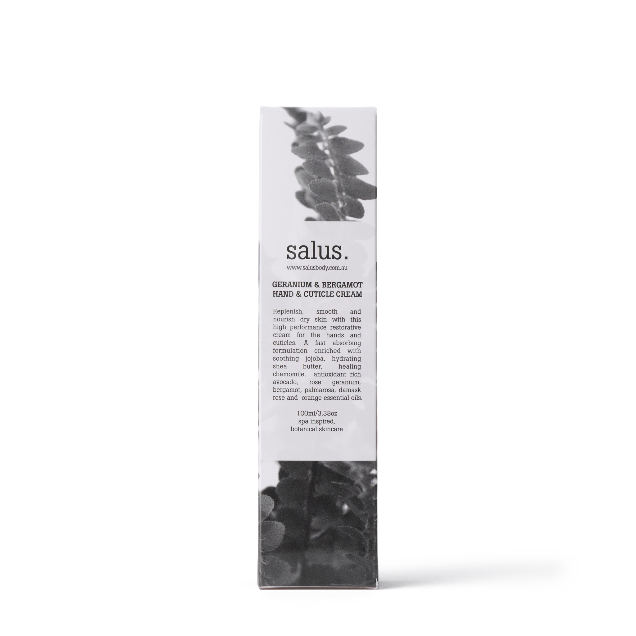 Salus Geranium & Bergamot Hand and Cuticle Cream 100ml jar showing the cream's packaging and branding.