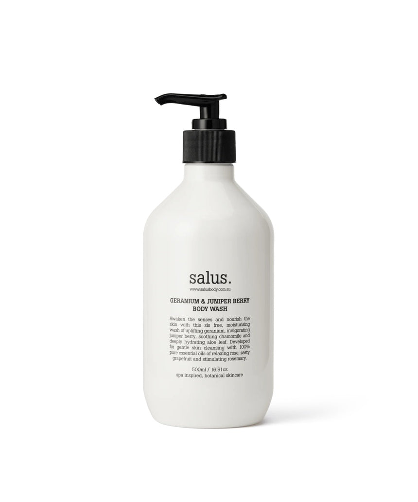 Salus Geranium & Juniper Berry Body Wash in a 500ml bottle, showcasing the natural ingredients and refreshing gel texture.