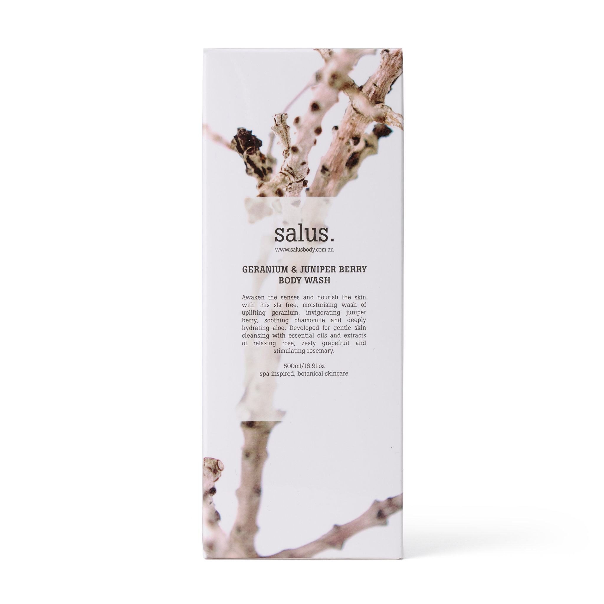 Salus Geranium & Juniper Berry Body Wash in a 500ml bottle, featuring a natural floral and berry scent for cleansing and refreshment.