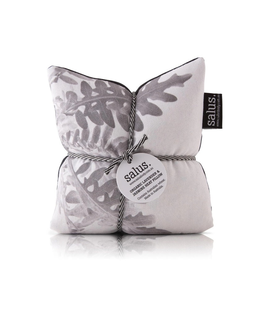 Salus Lavender & Barley Heat Pillow in grey with botanical design, featuring lavender and barley accents for soothing warmth.
