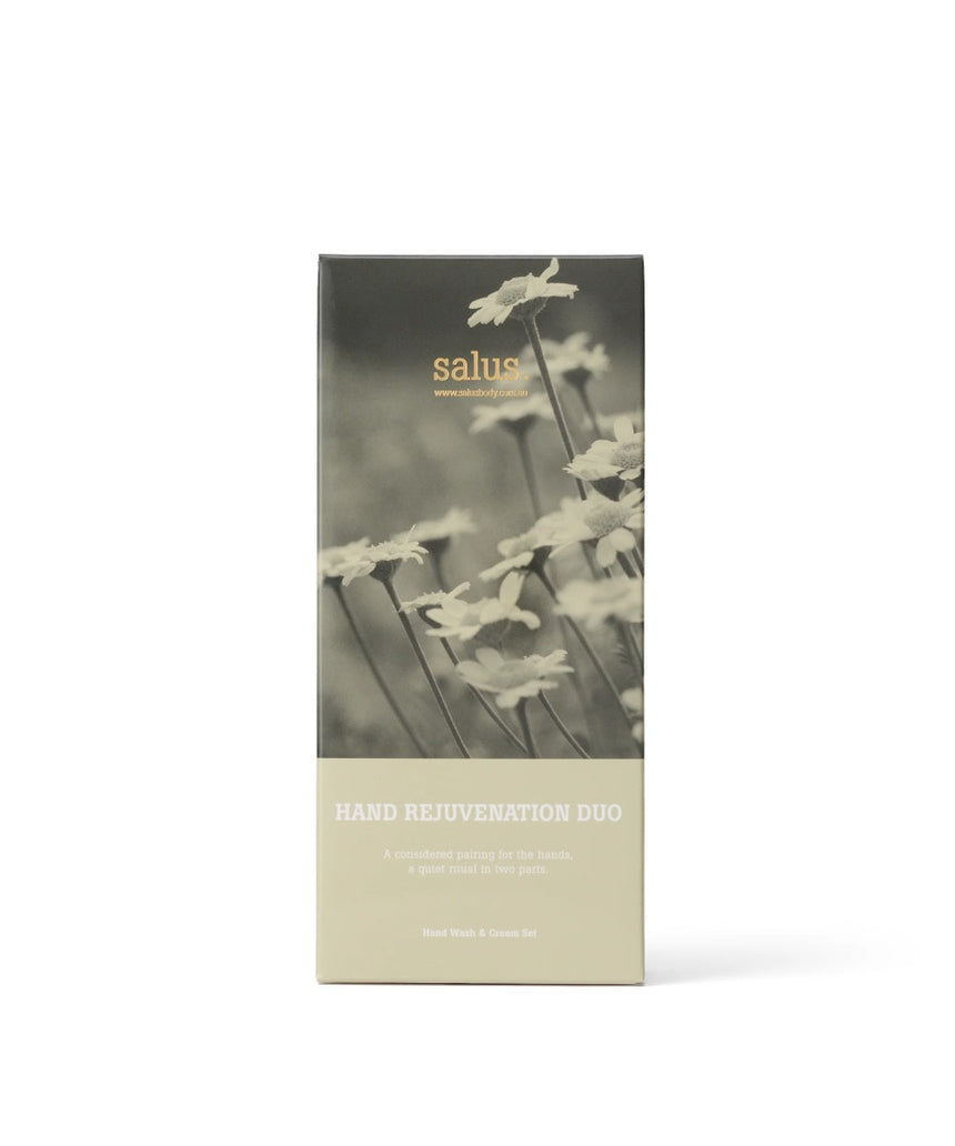 Salus Hand Rejuvenation Duo gift set featuring skincare products for hand care and rejuvenation, with elegant packaging.