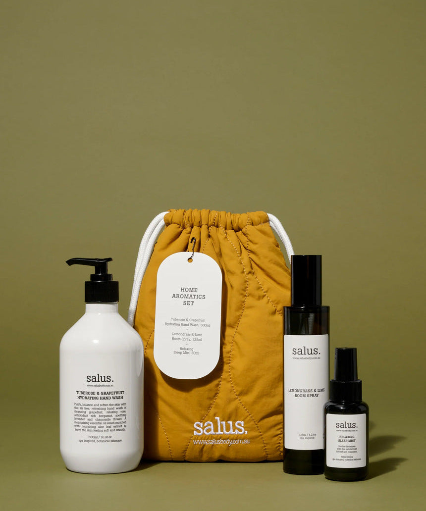 Salus Body Home Aromatics Trio gift set with three aromatic products in elegant packaging, ideal for home relaxation and wellness.