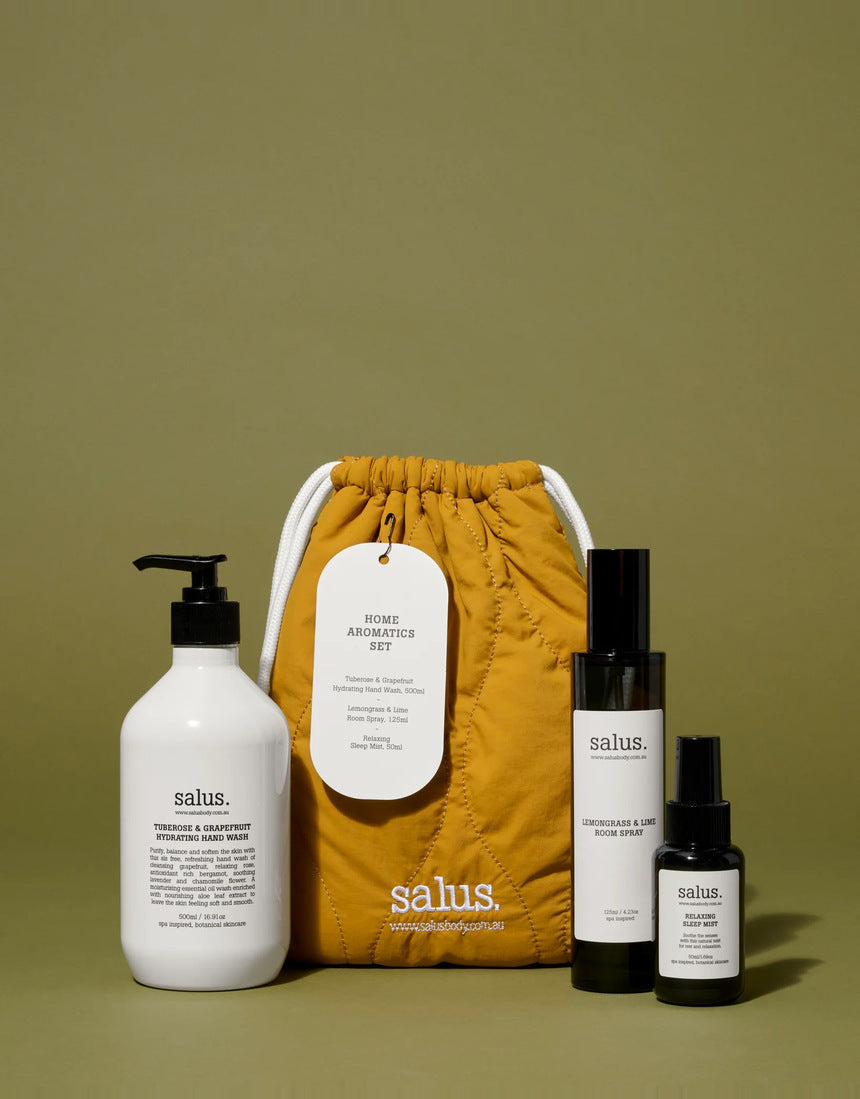Salus Body Home Aromatics Trio gift set with three aromatic products in elegant packaging, ideal for home relaxation and wellness.