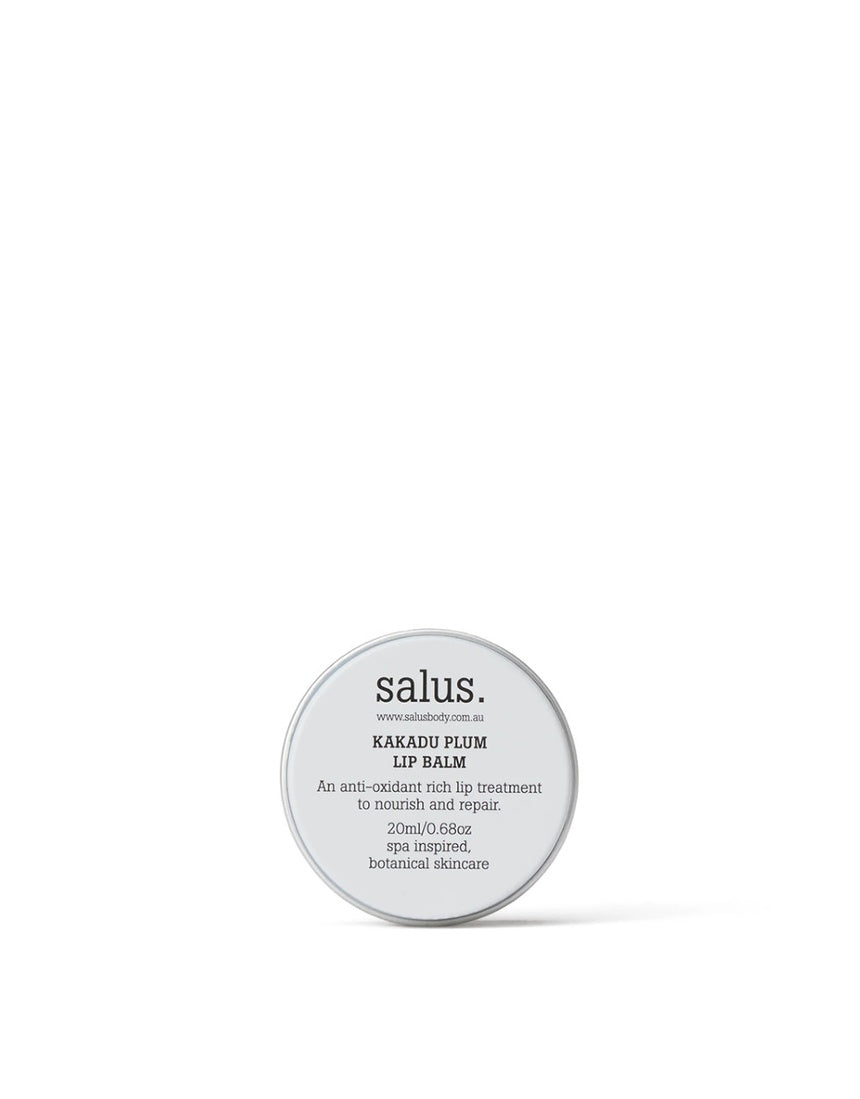 Salus Kakadu Plum Lip Balm tin showing the 20ml silver container with Kakadu Plum label and seal for nourishing lips.