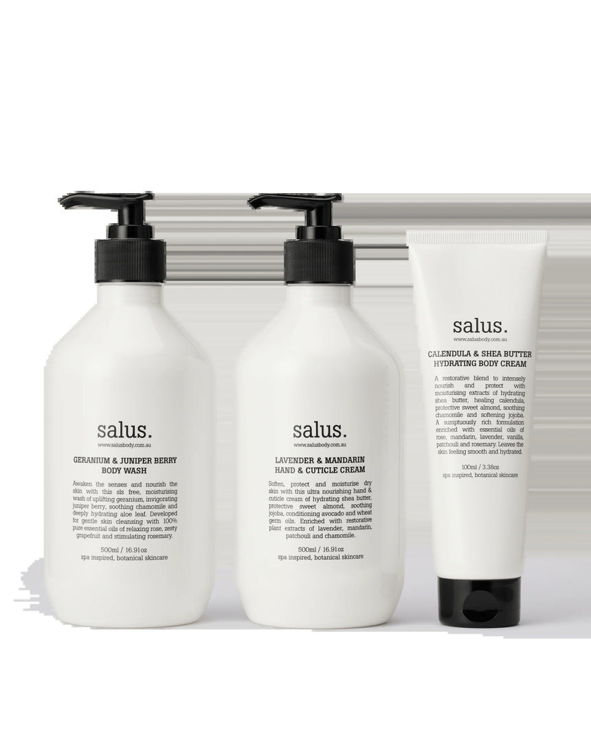 Salus Luminous Skin Trio gift set featuring skincare products with luminous, glowing skin effects in elegant packaging.