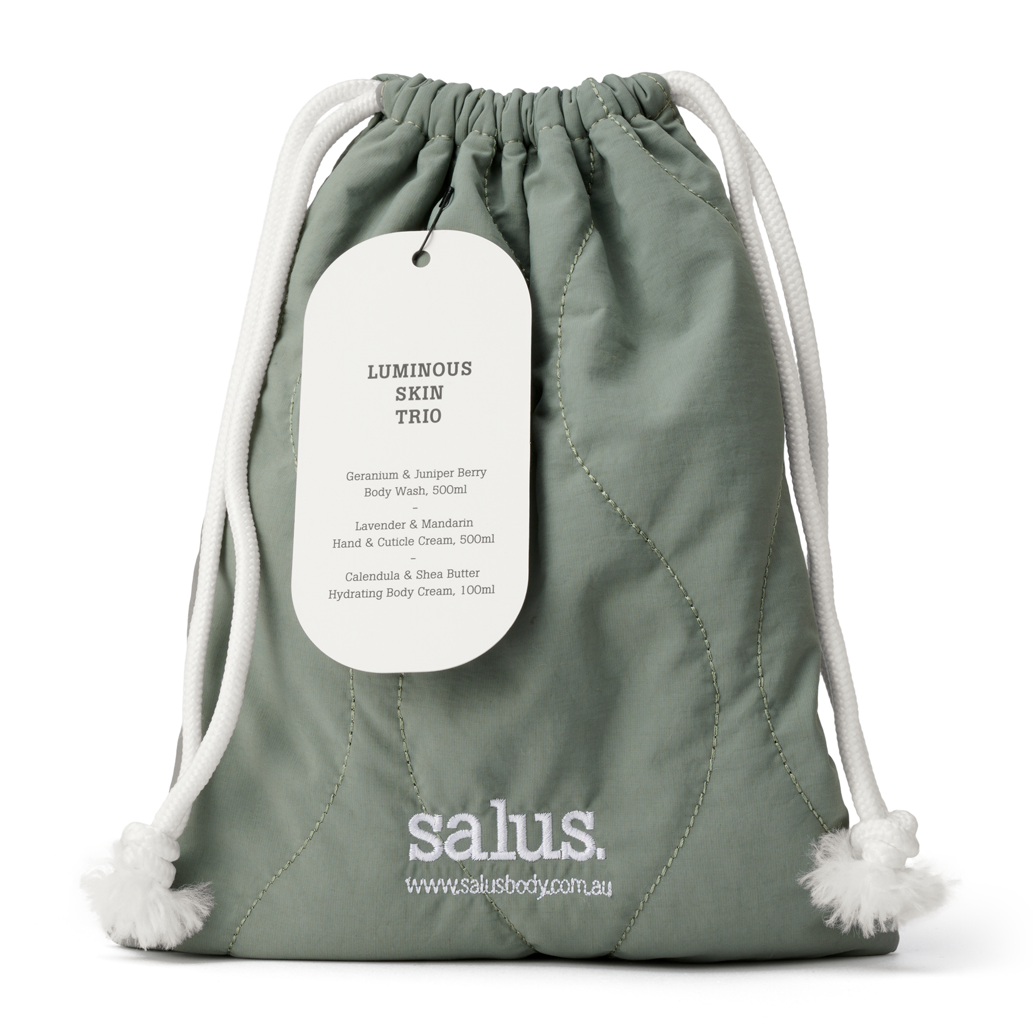 Salus Luminous Skin Trio gift set featuring skincare products with radiant, glowing skin benefits in elegant packaging.