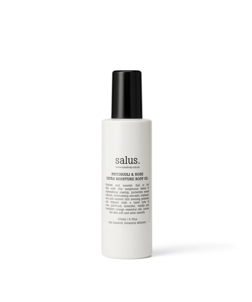 Salus Patchouli & Rose Ultra Moisture Body Oil in 200ml bottle, showcasing elegant packaging and smooth oil texture.