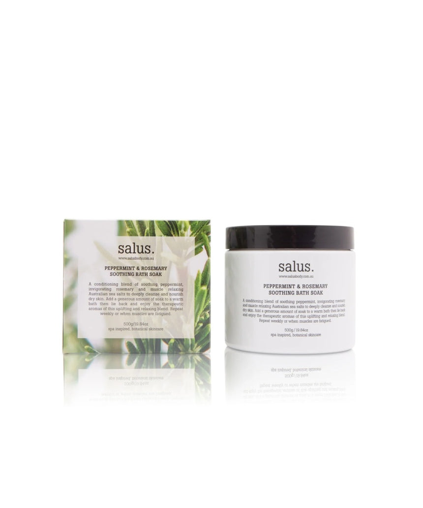 Salus Peppermint and Rosemary soothing bath soak with natural herbs and calming ingredients in a clear jar.
