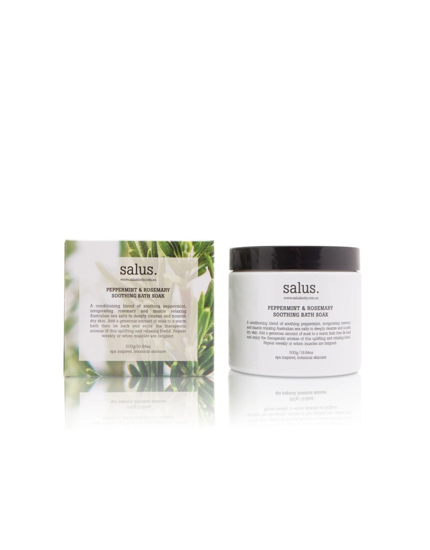 Salus Peppermint and Rosemary soothing bath soak with natural herbs and calming ingredients in a clear jar.