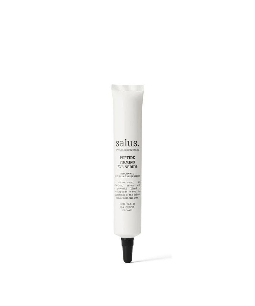Salus Peptide Firming Eye Serum 15ml showing a sleek glass bottle with pump dispenser and product label.