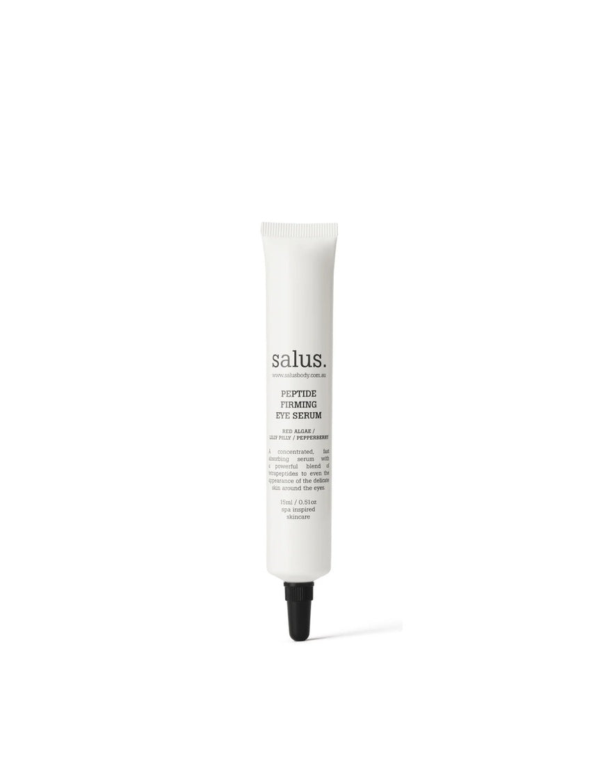 Salus Peptide Firming Eye Serum 15ml showing a sleek glass bottle with pump dispenser and product label.