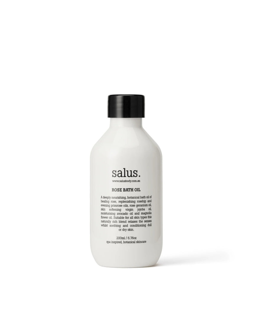 Salus Rose Bath Oil 200ml bottle with rose petals and oil, designed for soothing and aromatic bathing experiences.