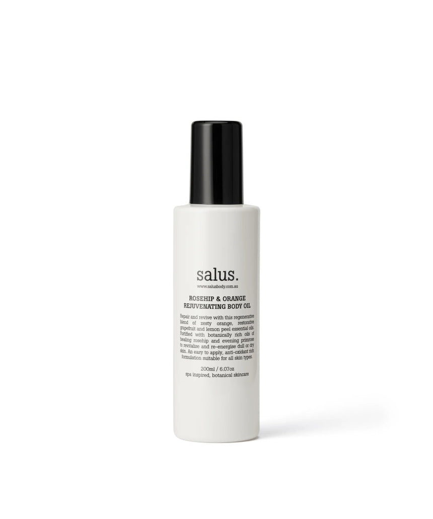 Salus Rosehip & Orange Rejuvenating Body Oil 200ml bottle with orange and rosehip ingredients visible