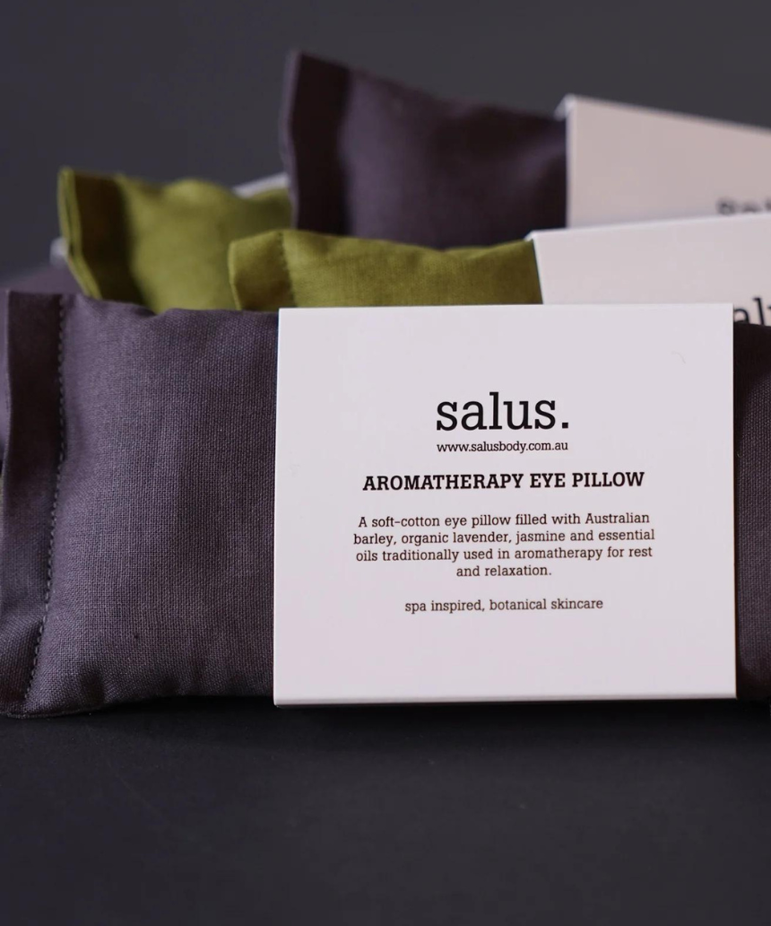 Salus Aromatherapy Eye Pillow in moss green, soft fabric with calming scent, designed for relaxation and eye comfort.