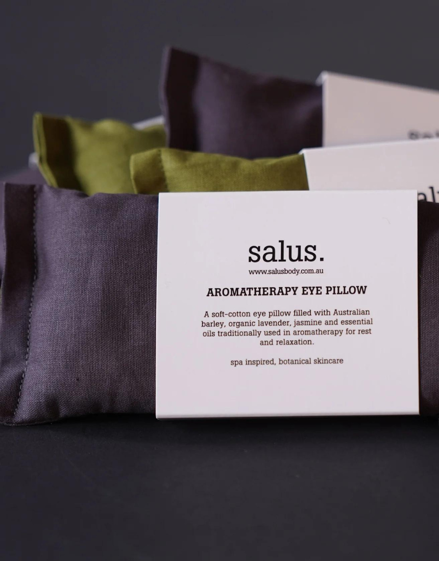 Salus Aromatherapy Eye Pillow in moss green, soft fabric with calming scent, designed for relaxation and eye comfort.
