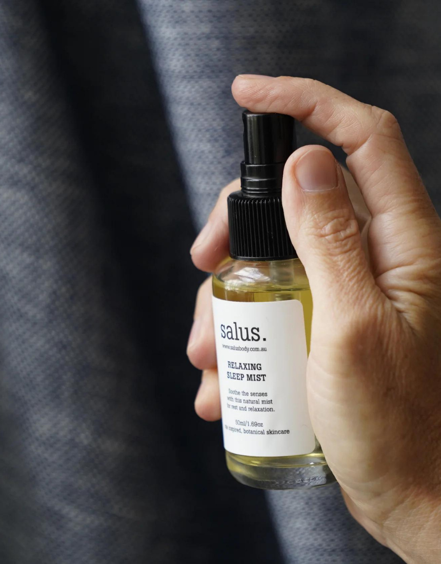 Salus Relaxing Sleep Mist 50ml bottle with calming lavender and herbal ingredients for restful sleep.