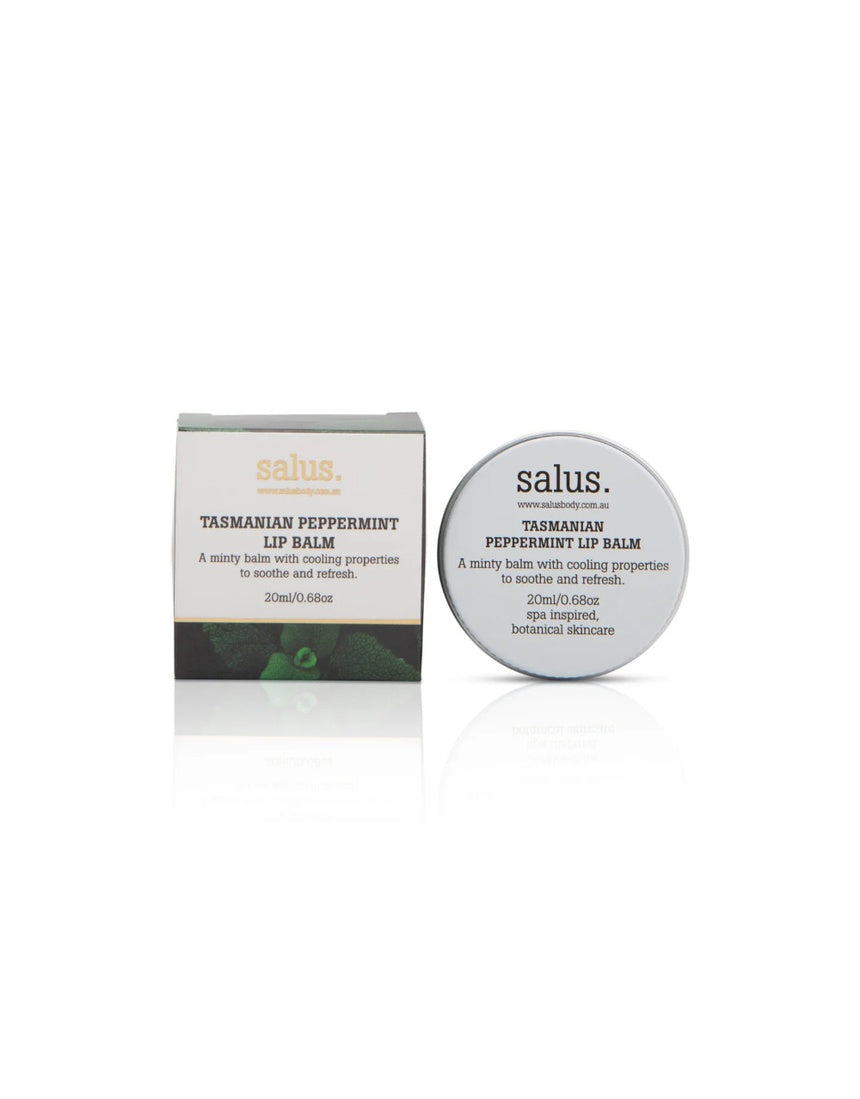 Salus Tasmanian Peppermint Lip Balm tin, 20ml, with a natural peppermint scent, shown in its metal container.