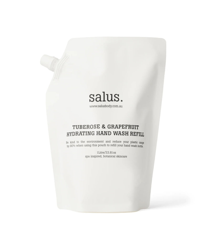 Salus Tuberose & Grapefruit Hydrating Hand Wash Refill bottle, 1L, showing the product label and refill packaging.