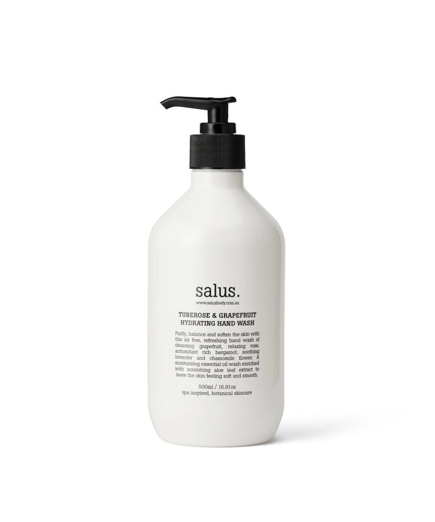 Salus Tuberose & Grapefruit Hydrating Hand Wash bottle with white pump dispenser, 500ml, featuring floral and citrus scent design.