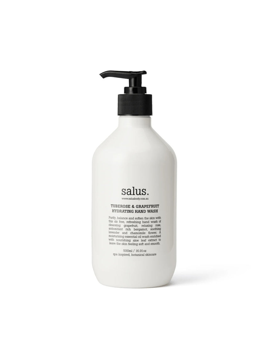 Salus Tuberose & Grapefruit Hydrating Hand Wash bottle with white pump dispenser, 500ml, featuring floral and citrus scent design.
