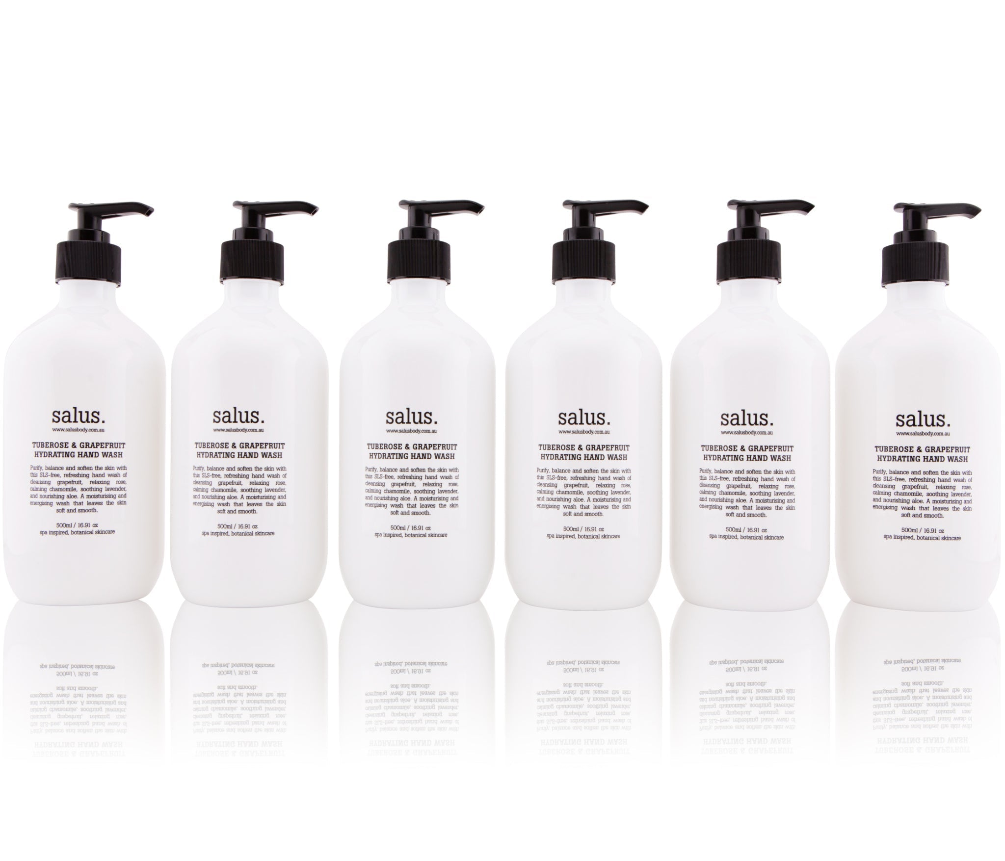 Salus Tuberose & Grapefruit Hydrating Hand Wash bottle with white pump dispenser and floral label design.