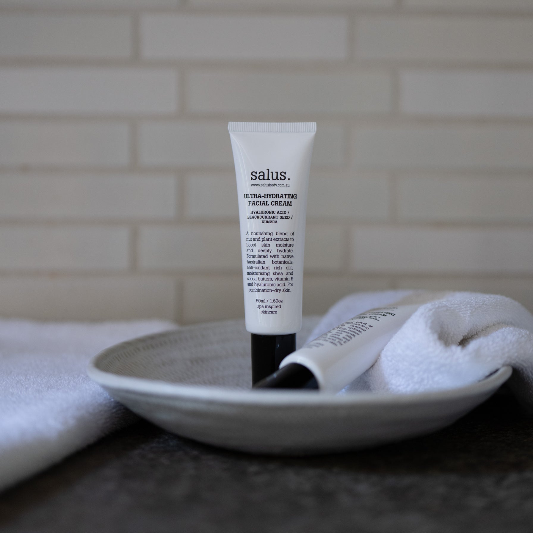 Salus Ultra-Hydrating Facial Cream in a 50ml jar, showcasing smooth, creamy texture ideal for deep hydration and skin nourishment.