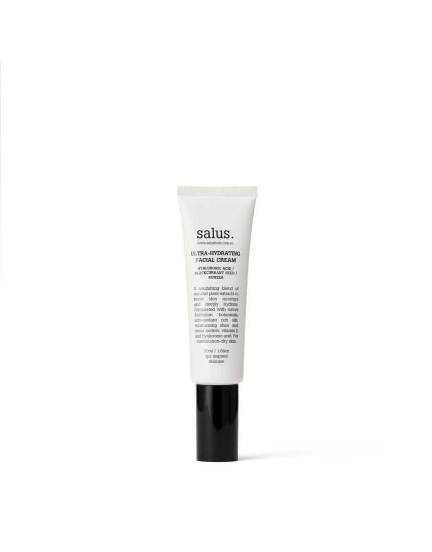 Salus Ultra-Hydrating Facial Cream 50ml in a jar, showing creamy texture and white packaging, ideal for nourishing and moisturizing skin.