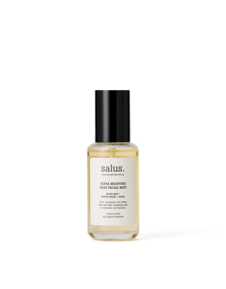 Salus Ultra Moisture Rose Facial Mist 100ml spray bottle with rose extract, hydrating and refreshing facial mist for all skin types.