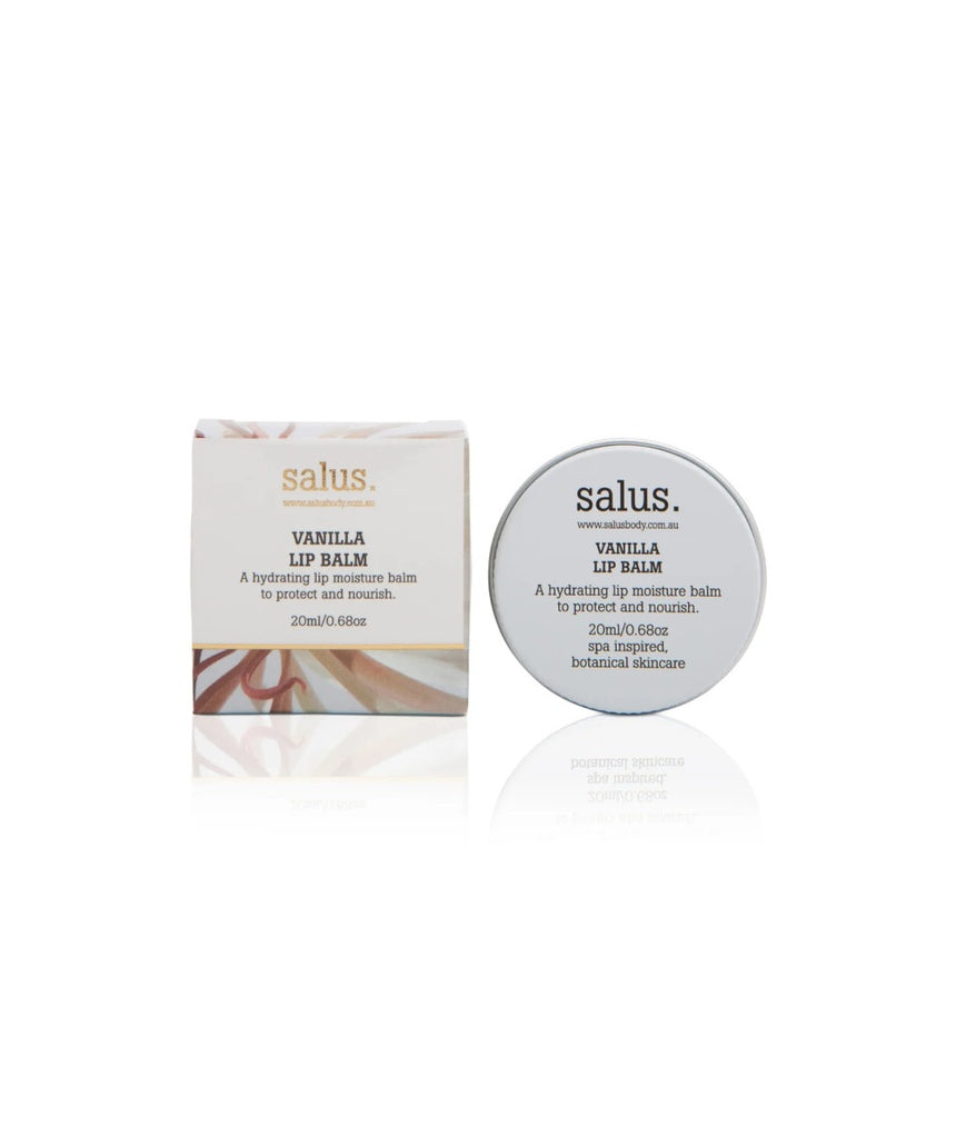 Salus Vanilla Lip Balm Tin 20ml, creamy vanilla-flavored lip balm in a compact tin, perfect for moisturizing and nourishing lips.