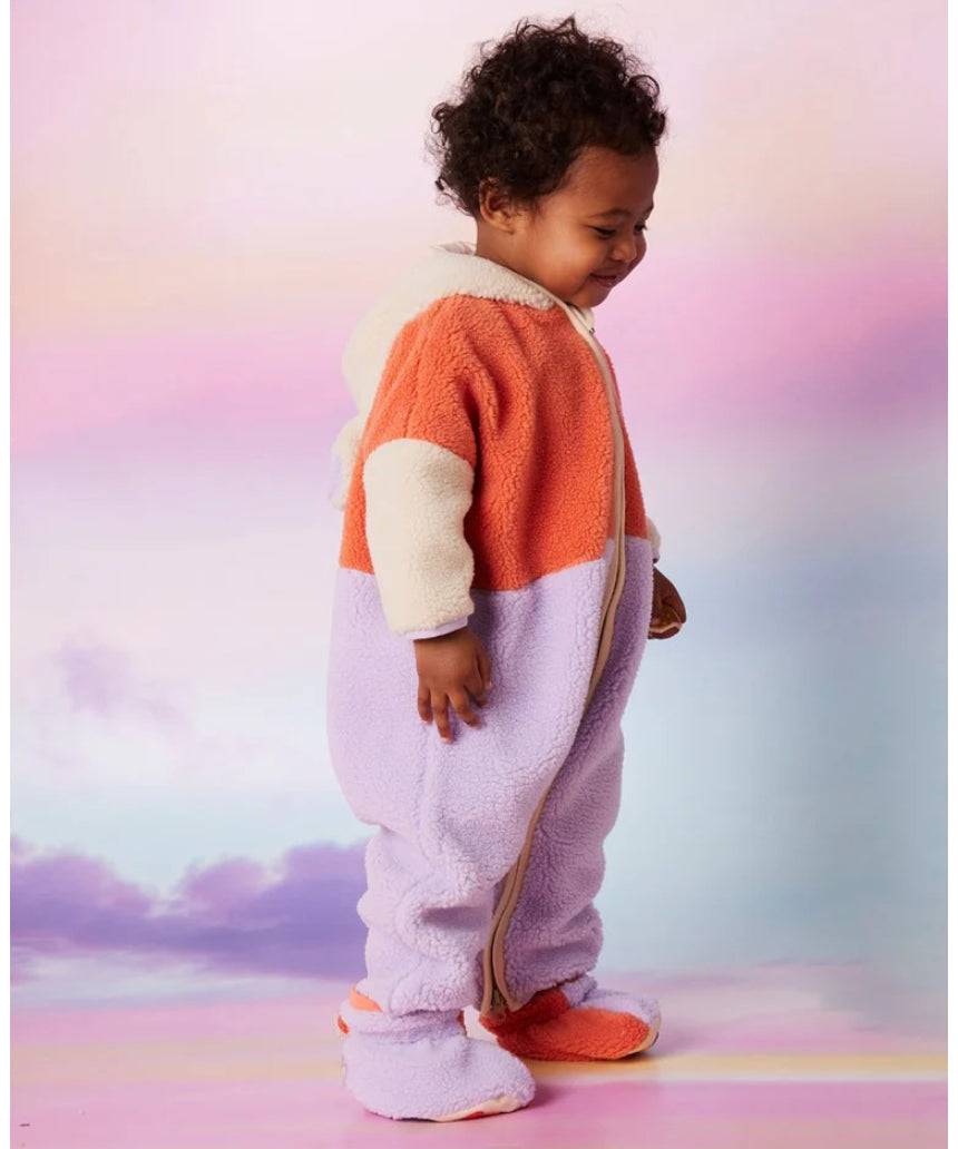 Lilac and coral sherpa booties for babies by Halcyon Nights, featuring soft, cozy fabric with cute, plush detailing.