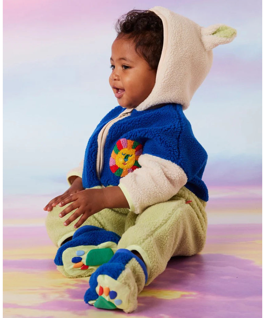 Halcyon Nights baby sherpa jumpsuit and booties in royal blue and lime, featuring soft, cozy fleece for comfort and warmth.