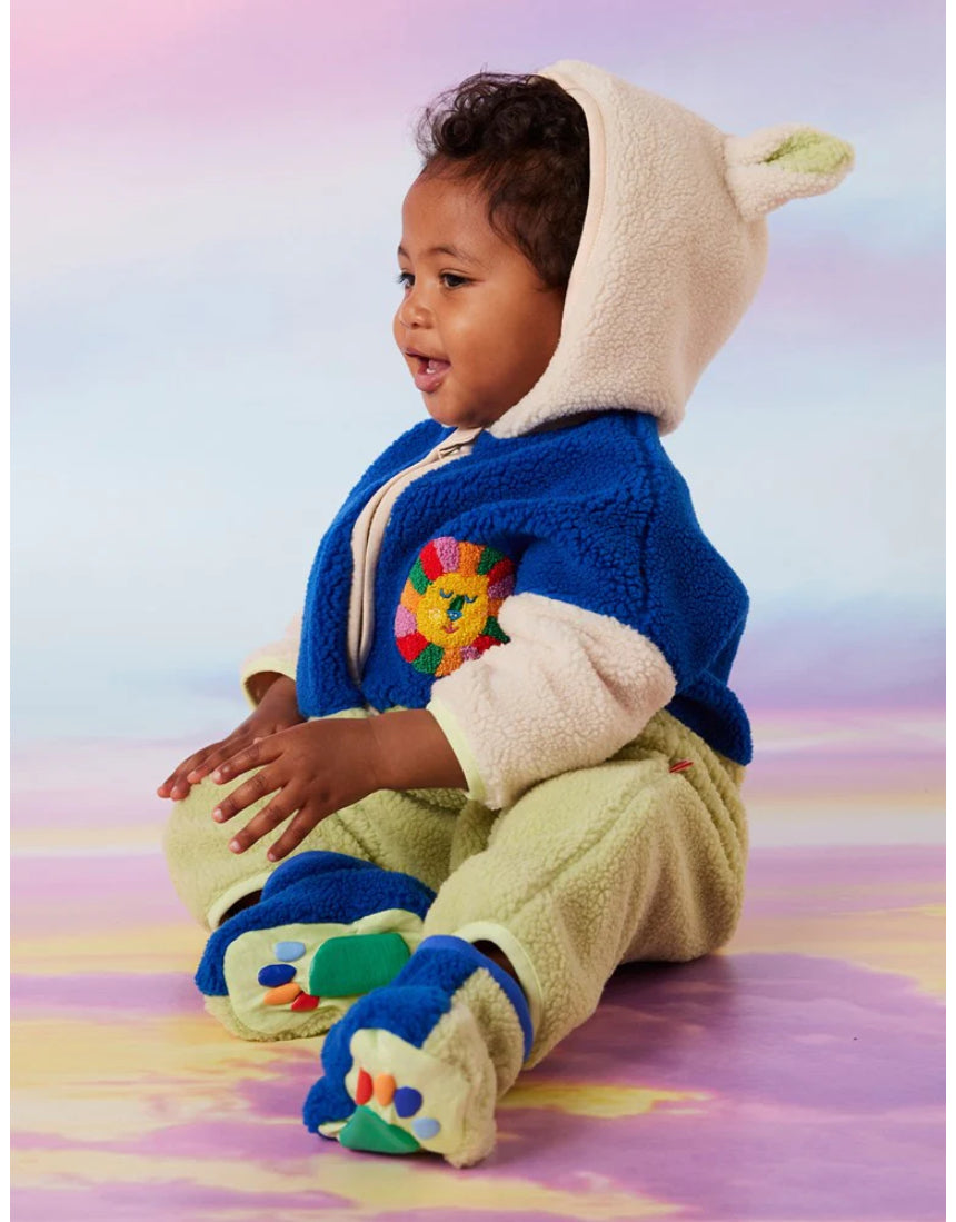 Halcyon Nights baby sherpa jumpsuit and booties in royal blue and lime, featuring soft, cozy fleece for comfort and warmth.