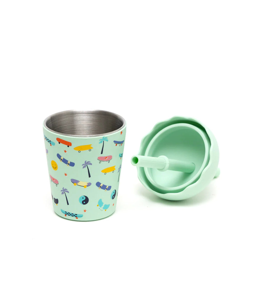 Chino Club Skate Aqua mini smoothie cup with lid off, 200ml kids' cup featuring a skateboard design and a straw.