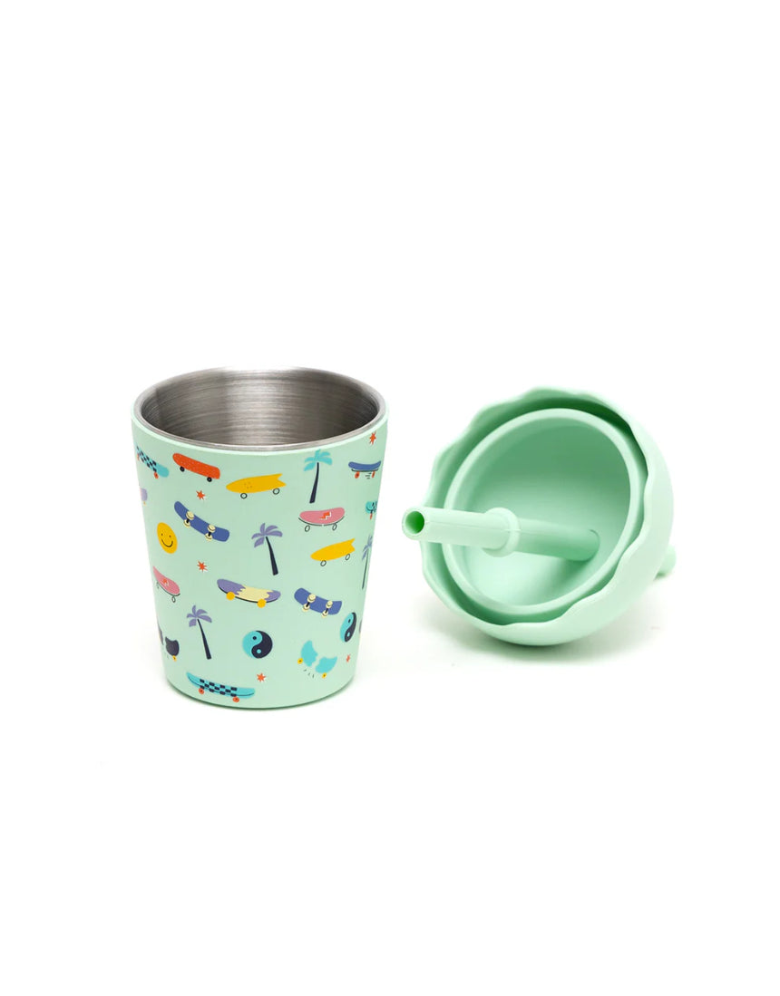 Chino Club Skate Aqua mini smoothie cup with lid off, 200ml kids' cup featuring a skateboard design and a straw.